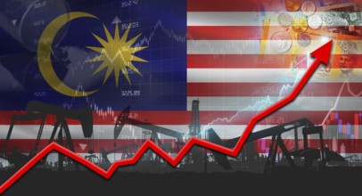 Growth of oil industry with Malaysian flag. Oil pumps with Malaysian flag. Oil production with