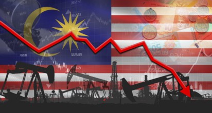 Fall oil price with Malaysian flag on economic chart, Petrol crisis with Malaysian flag on