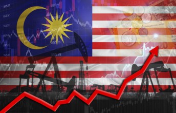 Oil production with Malaysia flag, petrol industry. Oil pumps with Malaysian flag