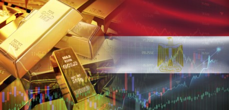 Gold bars stacked on Egyptian flag. Egypt gold reserves, Concept