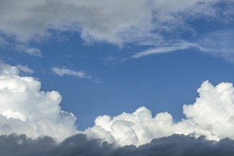 Down back Cumulus cluster clouds above part of Altostratus layer cloud in the middle window gap
