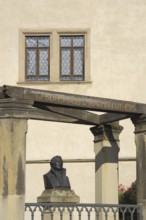 UNESCO Luther's birthplace with bust of Martin Luther, memorial, inscription, Luther city Eisleben,