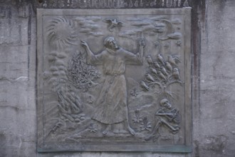 Relief of Saint Francis, Francis of Assisi, monk, monochrome, grey, skeleton, death, bird figures,