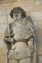 Roland statue, knight with sword, stone, town hall, Halberstadt, Harz, Saxony-Anhalt, Germany