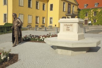 Monument to Albert I of Brandenburg with inscription, Albert the Bear, knight with sword,