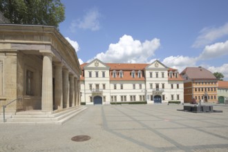 Old guard with arcade and tourist information, market square, Sondershausen, Thuringia, Germany