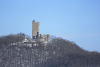 Olbrück Castle built in the 11th century in winter, forest, mountain, Niederdürenbach, Brohltal,