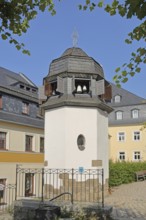 Historic bell tower with glockenspiel, turret, house, Schwarzenberg, Western Ore Mountains, Ore