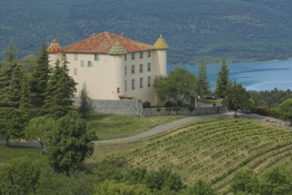 Renaissance castle with vineyards, Aiguines, Lac de Sainte-Croix, Verdon Reservoir, landscape,