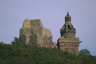 View of towers with crowns from the Kyffhäuser monument, Kyffhäuser, Thuringia, Germany