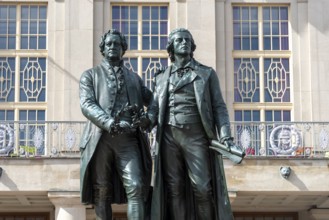 Goethe Schiller Memorial in front of the German National Theatre in Weimar, Thuringia, Germany