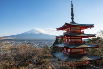 Five-story pagoda of a Shinto Shrine, Chureito Pagoda, with views of Fujiyoshida City and Mount
