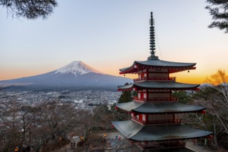 Five-story pagoda of a Shinto Shrine, Chureito Pagoda, with views of Fujiyoshida City and Mount