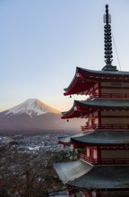 Five-story pagoda of a Shinto Shrine, Chureito Pagoda, with views of Fujiyoshida City and Mount