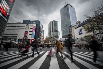 Crowd crossing zebra crossing on a large intersection, motion blur, back modern houses with