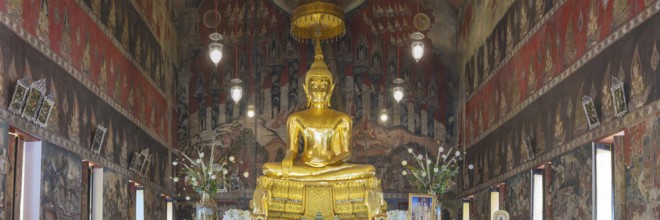Golden Buddha statue with Bhumispara mudra, Buddha Gautama at the moment of enlightenment,