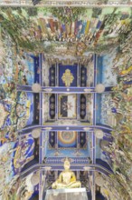 Photo from the frog perspective: art hall with exhibition of non-traditional works of art, most of