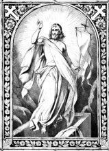 Symbolic picture at the end of the Old Testament, Jesus with wreath of light, resurrection, cross,