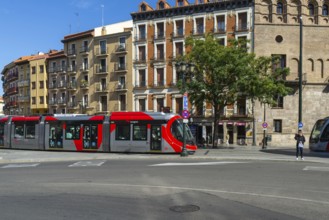 Light rail tram city public transport system CAF Urbos 3 trams, Tranvía de Zaragoza, Zaragoza,