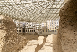 Covered ruins of Roman theatre amphitheatre, Zaragoza, Aragon, Spain