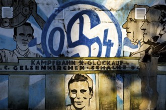 Painted wall on the Glückauf battle track with motifs of FC Schlake 04, Schalke, district of