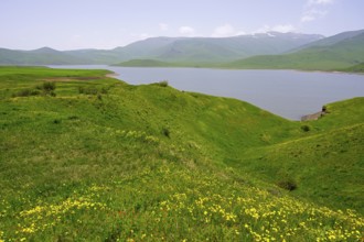 View of a lake surrounded by green hills and blooming meadows, relaxed ambiance, Spandaryan