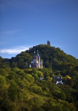 The mountain Drachenfels with Drachenburg Castle and the castle ruins, Siebengebirge, Königswinter,