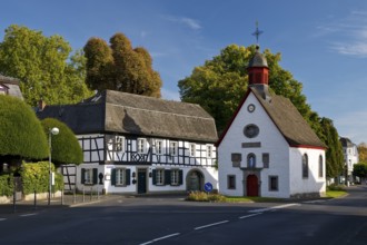 Marienkapelle und half-timbered house, Rhöndorf, Bad Honnef, North Rhine-Westphalia, Germany