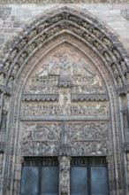 Relief over the entrance portal, west façade, St. Lorenz church, Gothic, old town, Nuremberg,