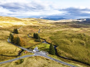 Cwm Cynfal Waterfalls on River Afon Cynfal from a drone, Llan Ffestiniog, Road B4391, Gwynedd,