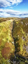 Cwm Cynfal Waterfalls on River Afon Cynfal from a drone, Llan Ffestiniog, Road B4391, Gwynedd,