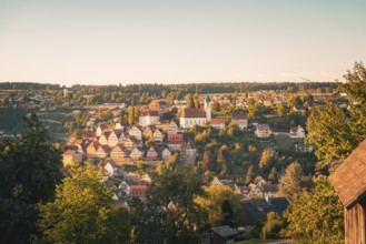 Picturesque village on a hill in warm evening light, surrounded by trees and a church in the