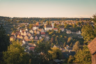 Village on a hill with a dominant church in the middle, warm light and lots of trees, Altensteig,