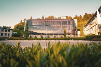 Modern building with glass façade in green surroundings, warm sunlight on the trees, Altensteig,
