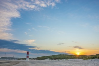 Red, white lighthouse Heligoland dune (Oberfeuer), striped, south beach, beach chairs, dunes,