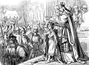 Joash (878-838 BC) is anointed and crowned king by the priest Jehoiada at the age of 7, Second Book