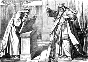 King Josiah hears the word of the Lord from the rediscovered law book, Second Book of Kings,