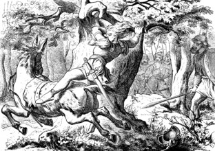 Absalom's end after losing battle, battle, sword, flight, rider, oak, hair, warrior forest,