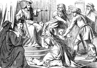 Solomon's Wise Judgment, First Book of Kings, Chapter 3, King Solomon, Throne, Group, Two Women,