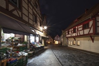 Historic half-timbered houses in the old town at night, Lauf an der Pegnitz, Middle Franconia,
