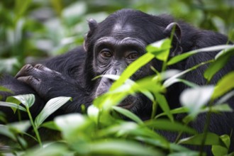 Beautiful animal portrait, chimpanzee (Pan Troglodytes), adult male among leaves in the jungle,