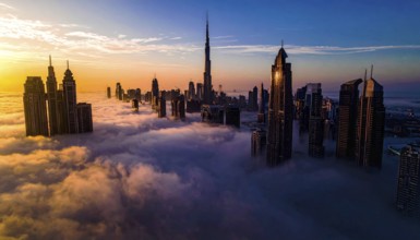 City scape emerging from a dense enveloping fog in sunrise and skyscrapers piercing the haze, big