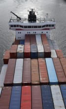 Aerial view of a container ship in the Kiel Canal, NOK, Kiel Canal, Kiel Canal, Schleswig-Holstein,