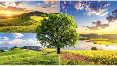 Collage of spring and summer landscapes, blooming flowers, green meadows and trees, hilly landscape