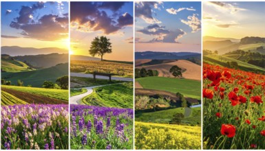 Collage of spring and summer landscapes, blooming flowers, green meadows and trees, hilly landscape