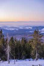 View from Mount Lusen over the hills of the bavarian forest at sunrise in winter, Bavaria, Germany