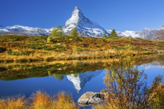 Matterhorn 4478 m with reflection in Leisee on the Sunnegga in autumn, Zermatt, Mattertal, Valais,