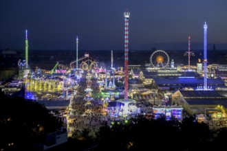View of Oktoberfest from St. Paul's Catholic Church, Blue Hour, Munich, Bavaria, Germany