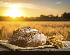 Rustic loaf of whole grain bread, fresh baked, close up of bread on dark wooden table, golden rust,