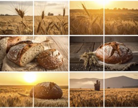 Collage of rustic loaf of whole grain bread, bread on dark rustic wooden table, great variety of